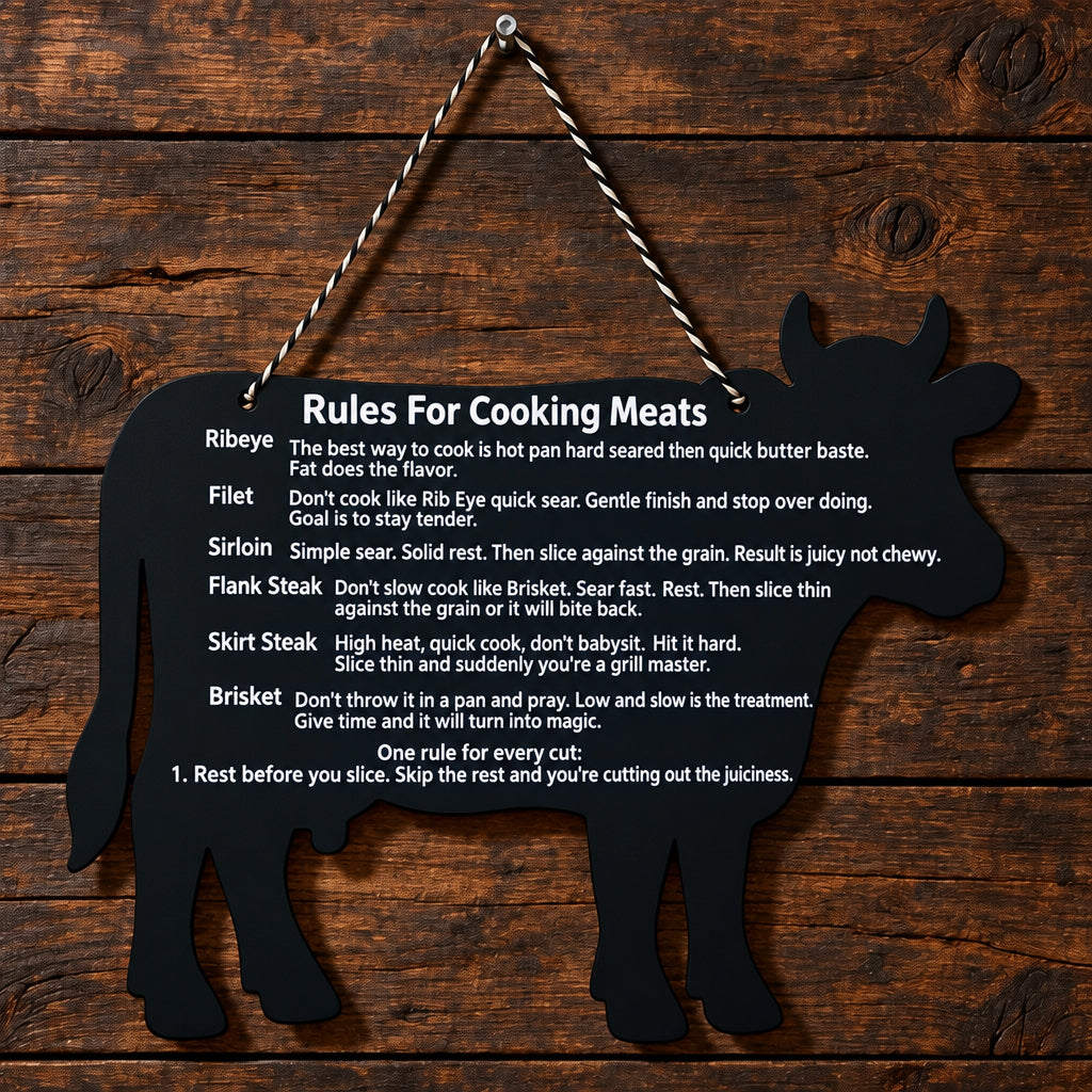 Cow shape wall decor with quick cooking guide on how to cook beef.