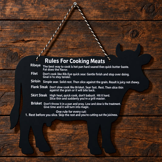 Cow shape wall decor with quick cooking guide on how to cook beef.