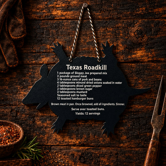 A wall plaque shaped like a Texas roadkill Armadillo Hamburger Recipe.